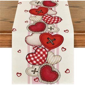 Valentines Day Table Runner Heart Dining Cloth Pink Red Farmhouse Cottage Decor